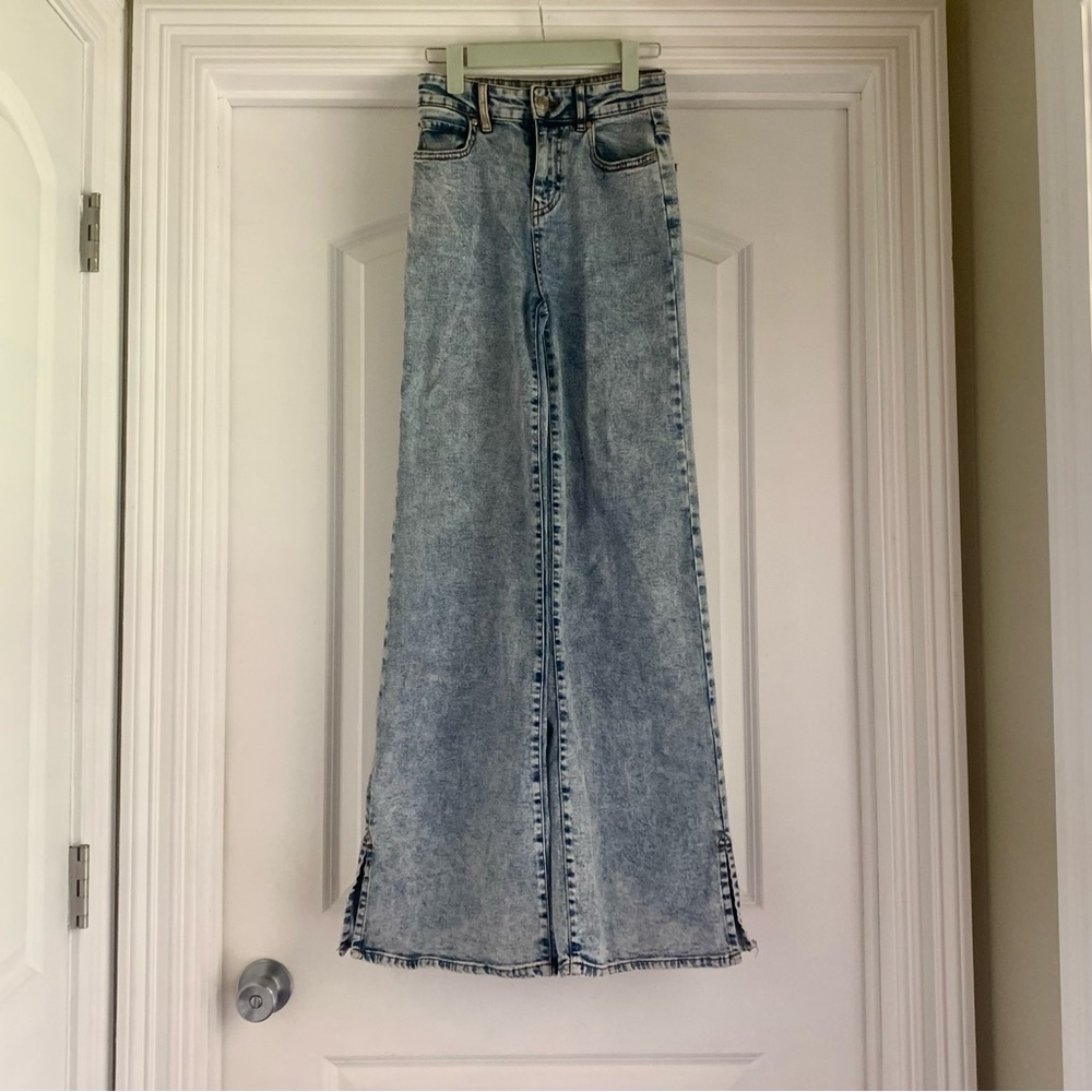 High waisted acid washed flared jeans